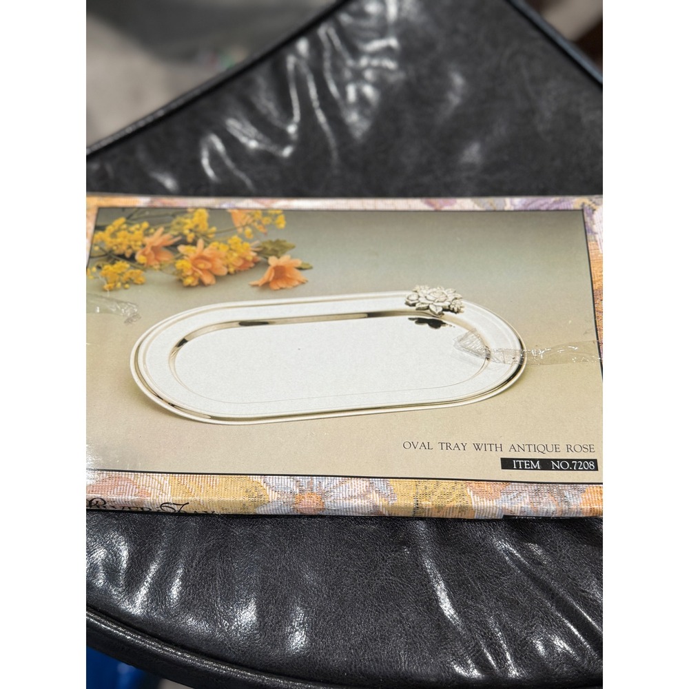 Silver Oval Serving Tray with Antique Rose Accent Item No 7208‎